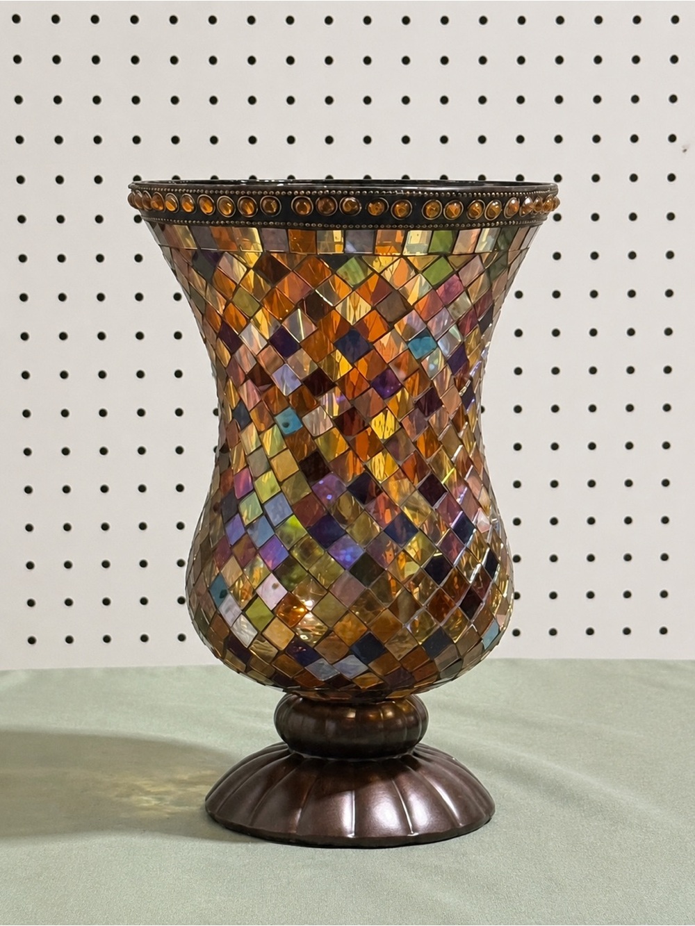 PartyLite Iridescent Mosaic Glass Vase in Amber, Purple, Blue